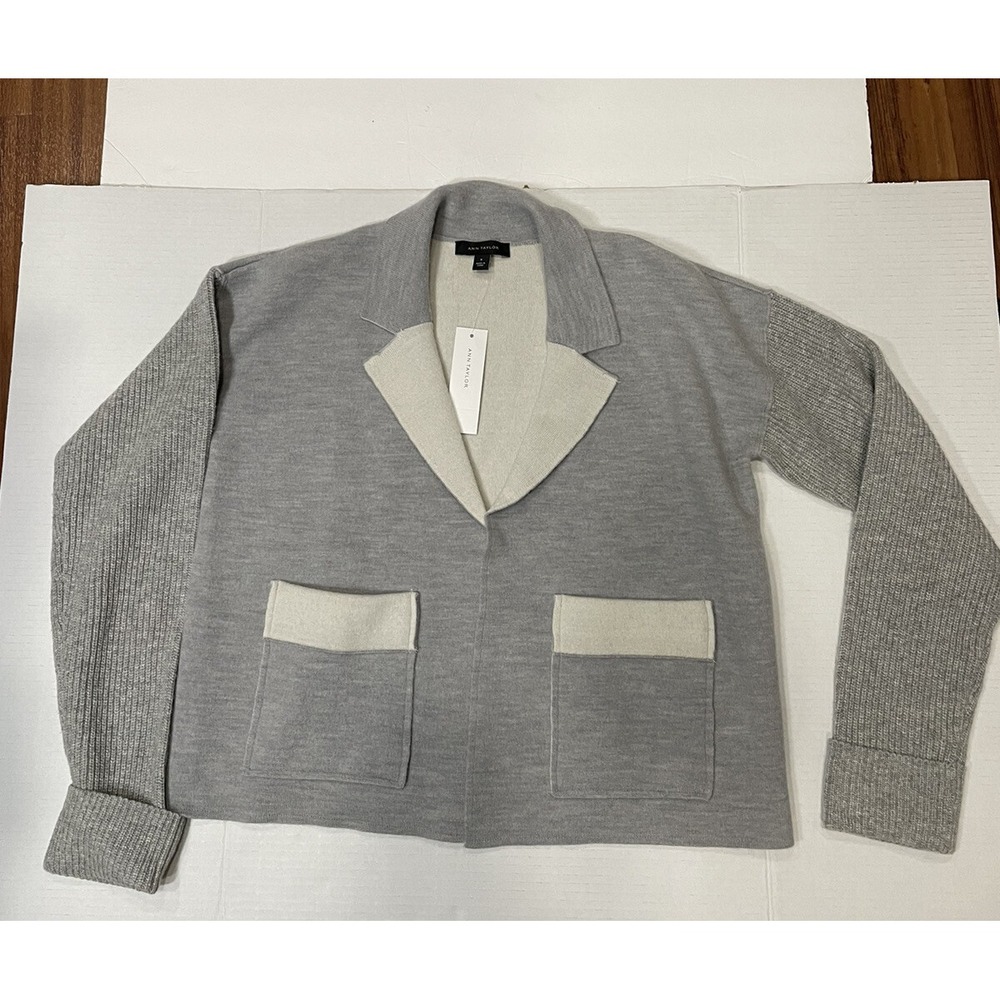 NWT ANN TAYLOR Grey Boiled Merino Wool Knit Sleeves Sweater Jacket Size M